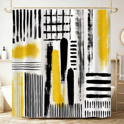 Yellow Abstract Geometric Shower Curtain, Black and Yellow Boho Modern Aesthetic Art Shower Curtains for Bathroom, Oil Painting Neutral Abstract Art Bathroom Decor, with Hooks 72x72 Inch