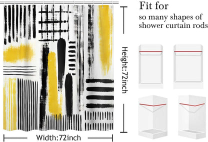 Yellow Abstract Geometric Shower Curtain, Black and Yellow Boho Modern Aesthetic Art Shower Curtains for Bathroom, Oil Painting Neutral Abstract Art Bathroom Decor, with Hooks 72x72 Inch