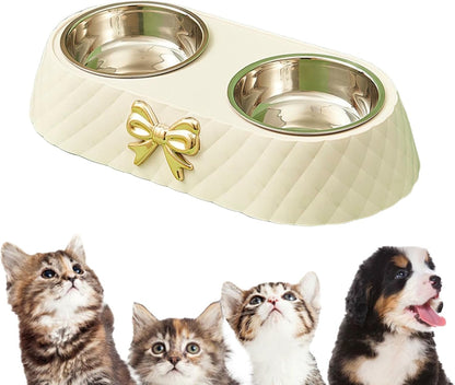 Pet Bowls for Dogs and Cats, Removable Stainless Steel Food and Water Bowls, Non-Slip Decorative Bow Pet Bowl for Cats & Small Dogs (Cream)