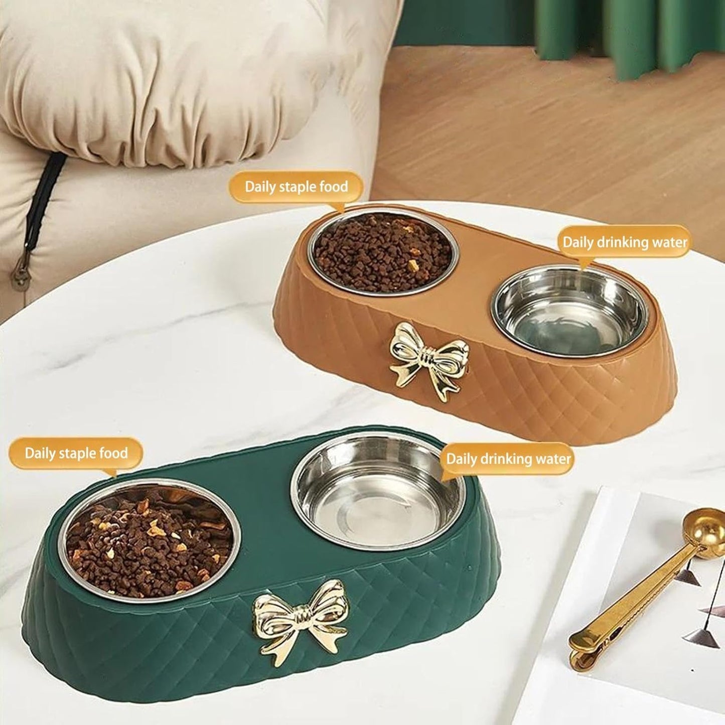 Pet Bowls for Dogs and Cats, Removable Stainless Steel Food and Water Bowls, Non-Slip Decorative Bow Pet Bowl for Cats & Small Dogs (Cream)