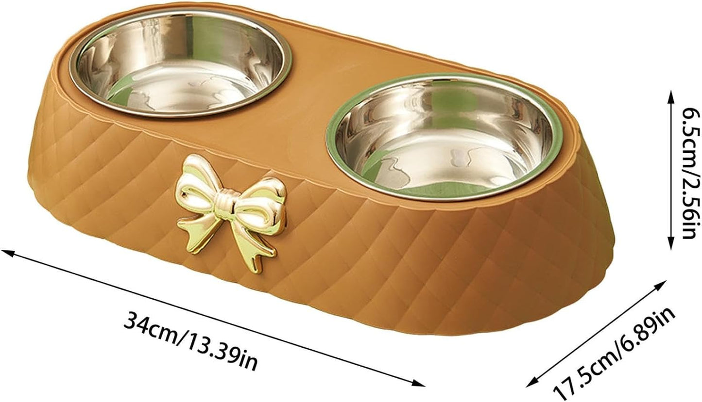 Pet Bowls for Dogs and Cats, Removable Stainless Steel Food and Water Bowls, Non-Slip Decorative Bow Pet Bowl for Cats & Small Dogs (Cream)