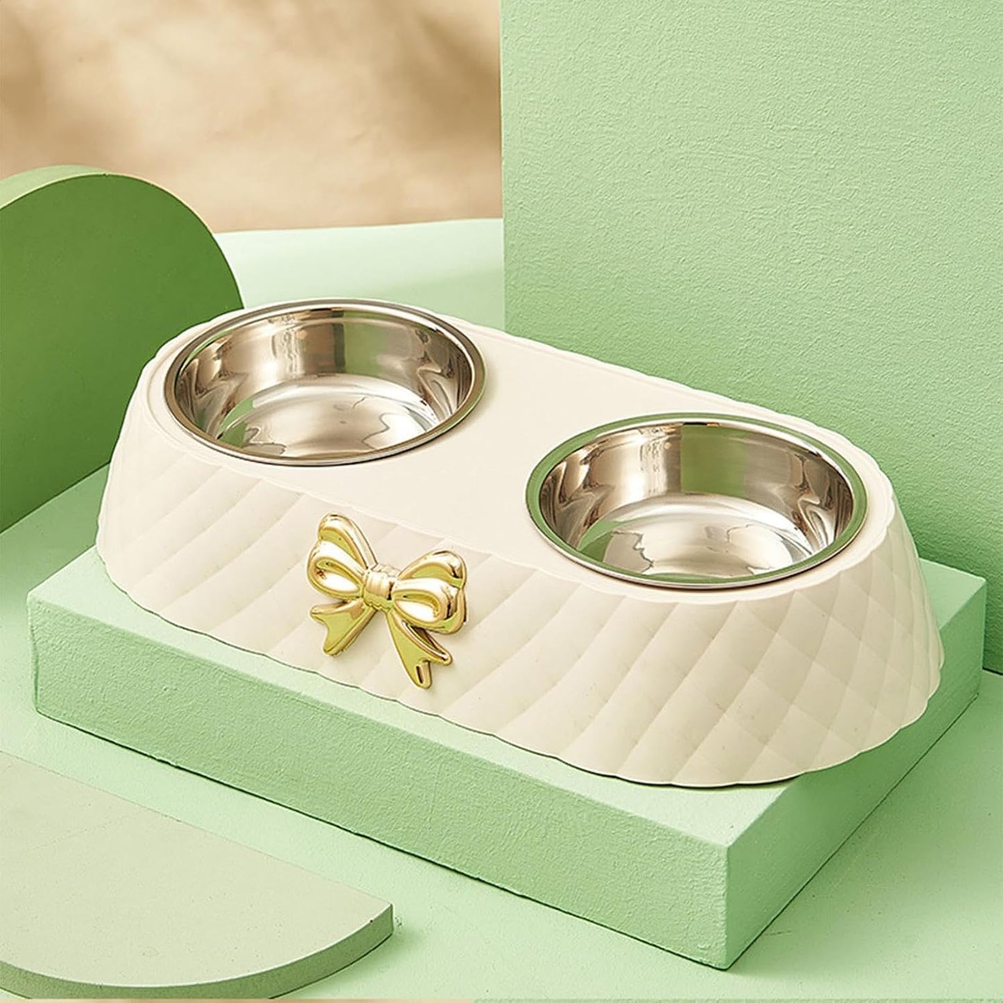 Pet Bowls for Dogs and Cats, Removable Stainless Steel Food and Water Bowls, Non-Slip Decorative Bow Pet Bowl for Cats & Small Dogs (Cream)