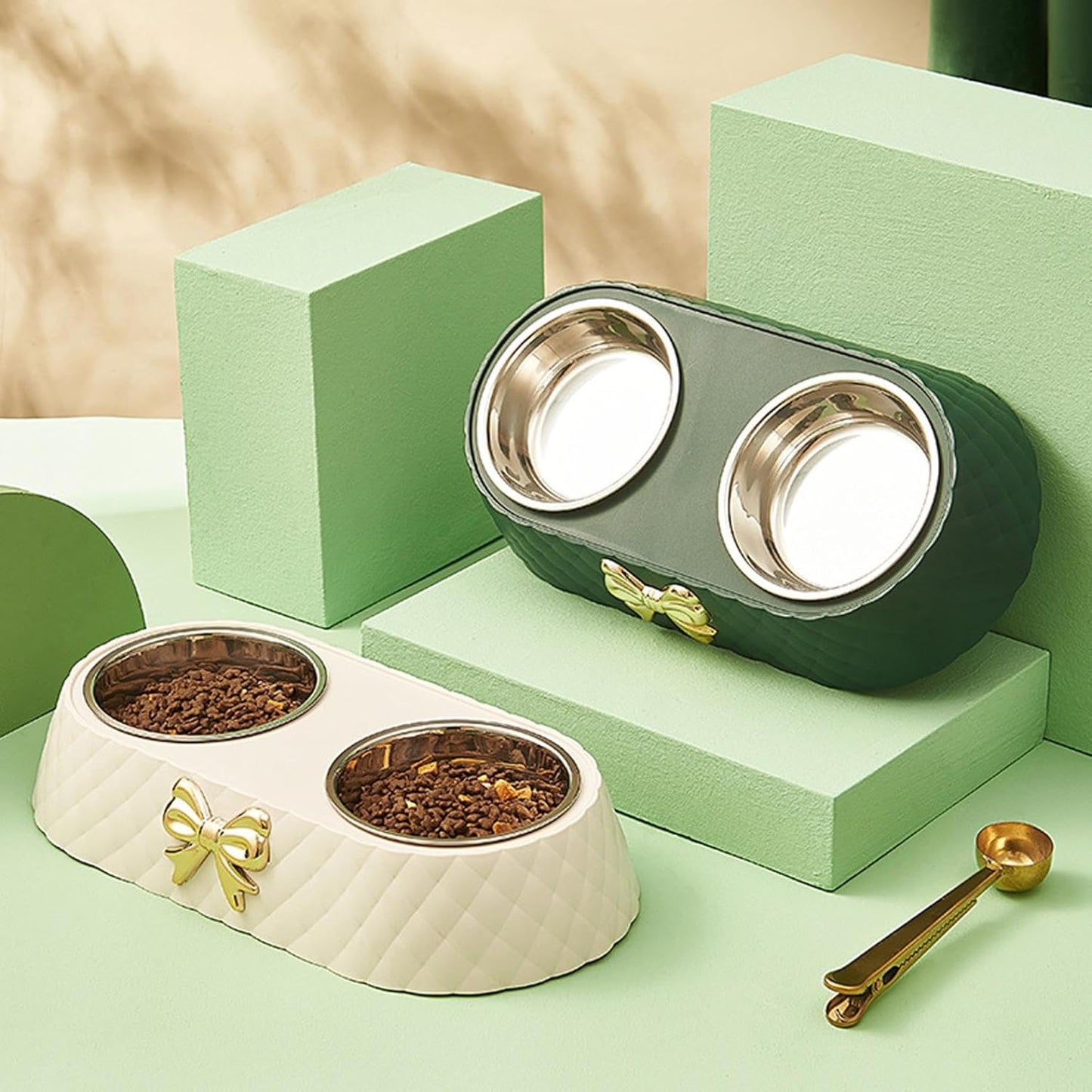 Pet Bowls for Dogs and Cats, Removable Stainless Steel Food and Water Bowls, Non-Slip Decorative Bow Pet Bowl for Cats & Small Dogs (Cream)