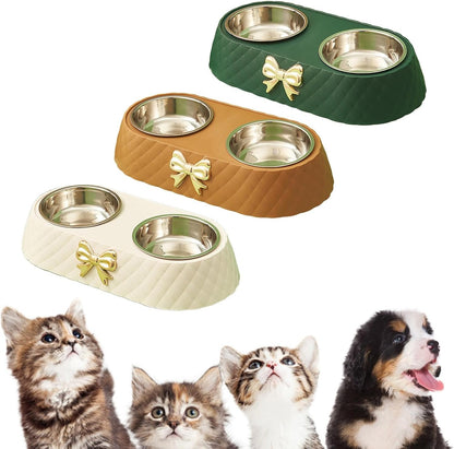 Pet Bowls for Dogs and Cats, Removable Stainless Steel Food and Water Bowls, Non-Slip Decorative Bow Pet Bowl for Cats & Small Dogs (Cream)