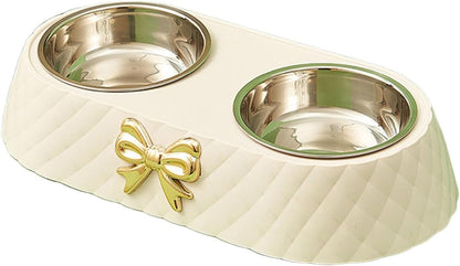 Pet Bowls for Dogs and Cats, Removable Stainless Steel Food and Water Bowls, Non-Slip Decorative Bow Pet Bowl for Cats & Small Dogs (Cream)