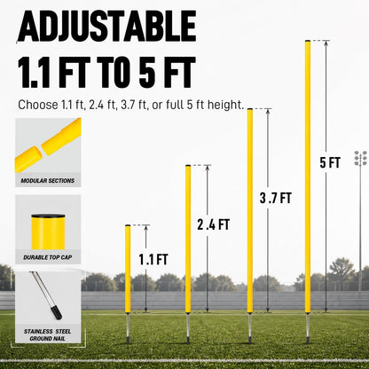 6 Pcs 5FT Adjustable Agility Training Poles for Soccer,Basketball,Football,Dog,Horse Training-Speed and Agility Training Equipment Sports Training Sticks with Stainless Steel Ground Nails