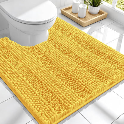Thick Chenille Toilet Rugs U-Shaped 24x20, Absorbent Bath Mat, Yellow | Soft Striped Contour Bathroom Rugs, Machine Washable, Dry Quickly, Non‑Slip, Modern Home Decor Accessories