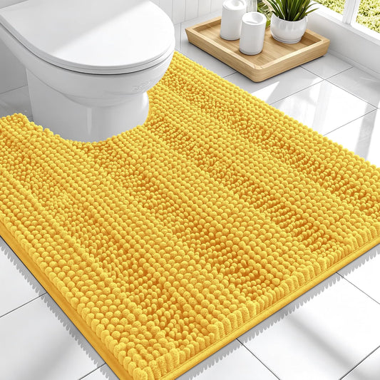 Thick Chenille Toilet Rugs U-Shaped 24x20, Absorbent Bath Mat, Yellow | Soft Striped Contour Bathroom Rugs, Machine Washable, Dry Quickly, Non‑Slip, Modern Home Decor Accessories