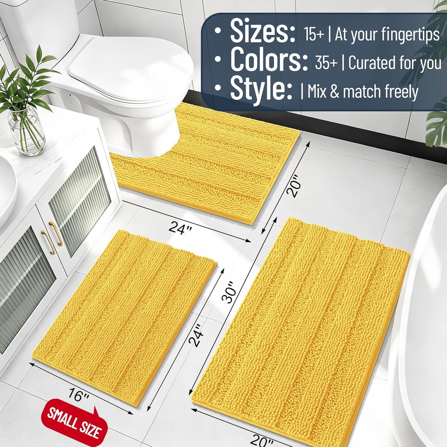 Thick Chenille Toilet Rugs U-Shaped 24x20, Absorbent Bath Mat, Yellow | Soft Striped Contour Bathroom Rugs, Machine Washable, Dry Quickly, Non‑Slip, Modern Home Decor Accessories