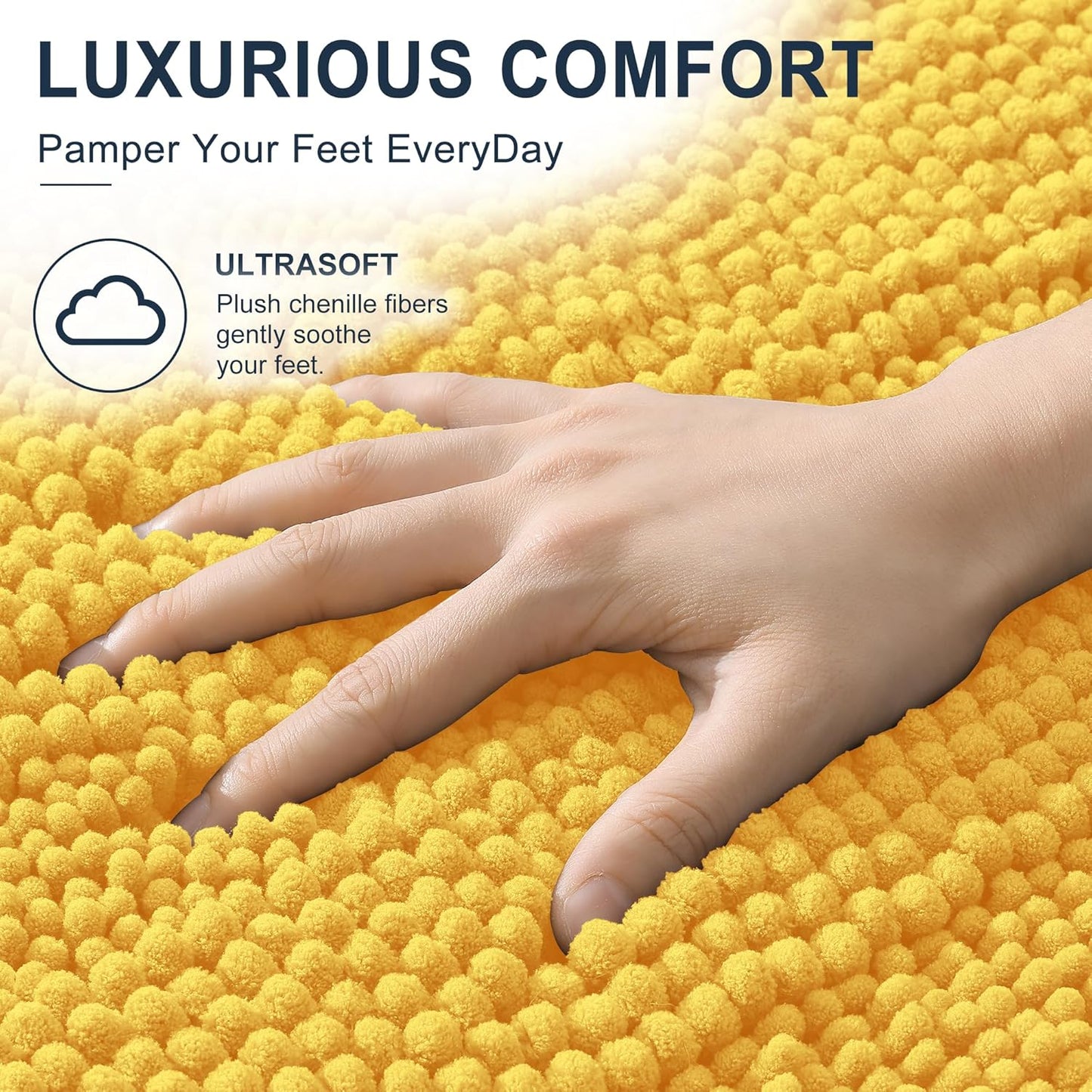 Thick Chenille Toilet Rugs U-Shaped 24x20, Absorbent Bath Mat, Yellow | Soft Striped Contour Bathroom Rugs, Machine Washable, Dry Quickly, Non‑Slip, Modern Home Decor Accessories