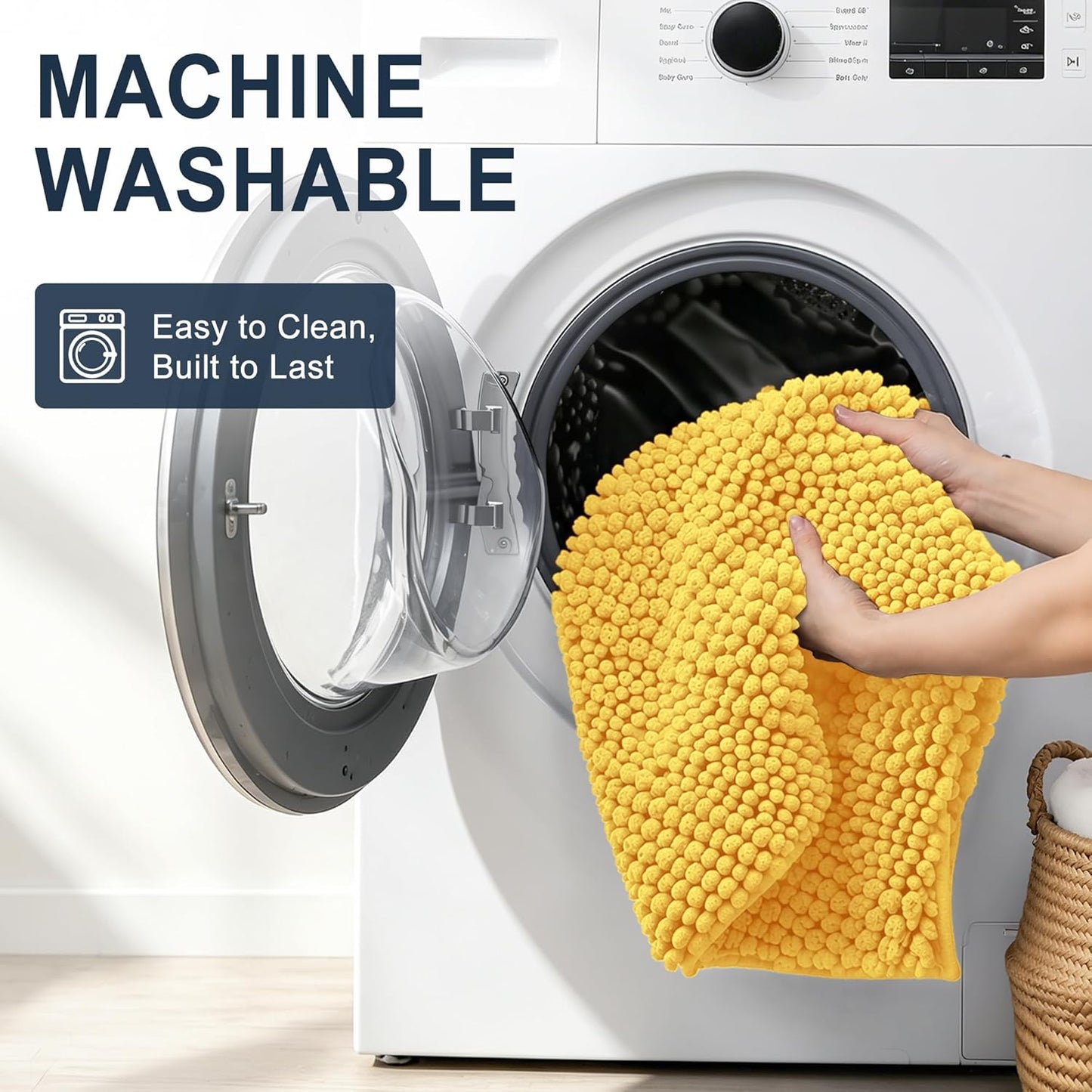 Thick Chenille Toilet Rugs U-Shaped 24x20, Absorbent Bath Mat, Yellow | Soft Striped Contour Bathroom Rugs, Machine Washable, Dry Quickly, Non‑Slip, Modern Home Decor Accessories