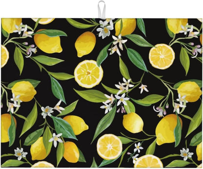 Lemon Fruits Floral Dish Drying Mat for Kitchen Counter 18 x 24 inch Fresh Lemon Black Dish Drainer Rack Mats with Hanging Loop Vintage Lemons Dishes Drainer Pads Tropical Blossom Drying Pad