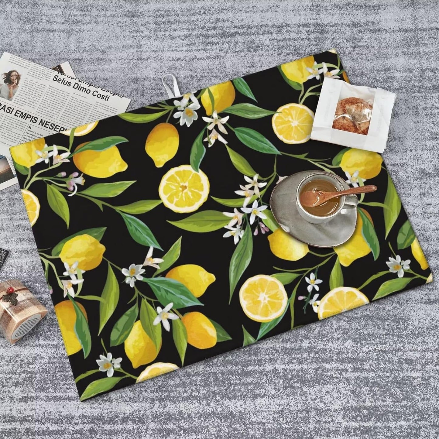 Lemon Fruits Floral Dish Drying Mat for Kitchen Counter 18 x 24 inch Fresh Lemon Black Dish Drainer Rack Mats with Hanging Loop Vintage Lemons Dishes Drainer Pads Tropical Blossom Drying Pad