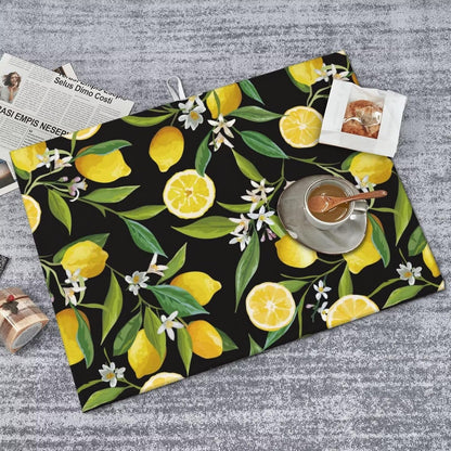 Lemon Fruits Floral Dish Drying Mat for Kitchen Counter 18 x 24 inch Fresh Lemon Black Dish Drainer Rack Mats with Hanging Loop Vintage Lemons Dishes Drainer Pads Tropical Blossom Drying Pad