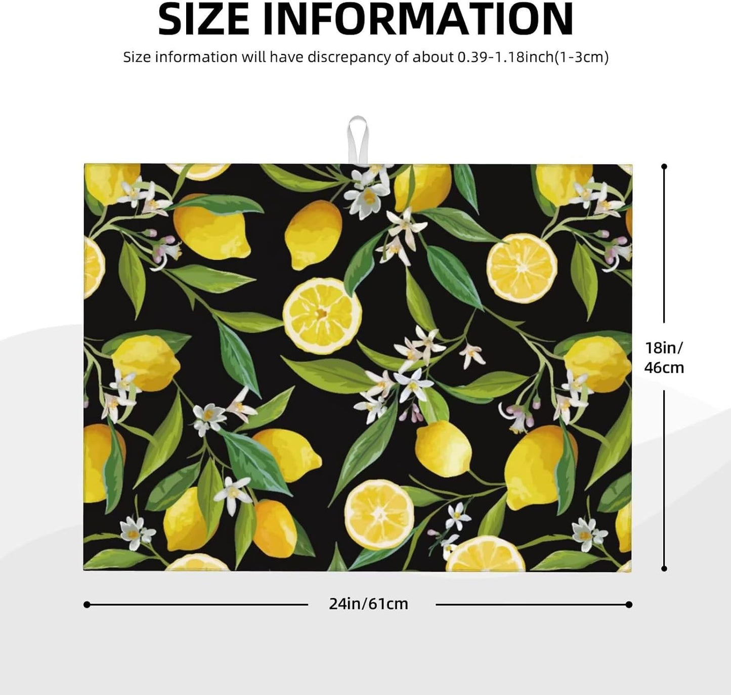 Lemon Fruits Floral Dish Drying Mat for Kitchen Counter 18 x 24 inch Fresh Lemon Black Dish Drainer Rack Mats with Hanging Loop Vintage Lemons Dishes Drainer Pads Tropical Blossom Drying Pad