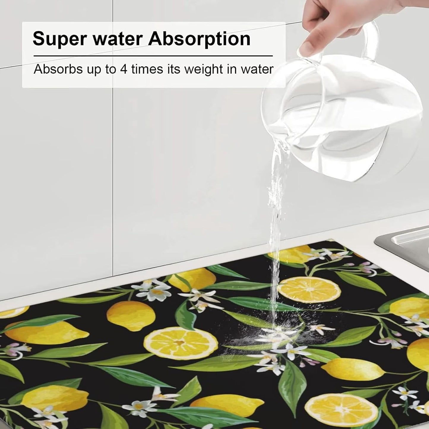 Lemon Fruits Floral Dish Drying Mat for Kitchen Counter 18 x 24 inch Fresh Lemon Black Dish Drainer Rack Mats with Hanging Loop Vintage Lemons Dishes Drainer Pads Tropical Blossom Drying Pad