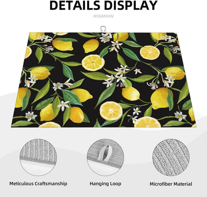 Lemon Fruits Floral Dish Drying Mat for Kitchen Counter 18 x 24 inch Fresh Lemon Black Dish Drainer Rack Mats with Hanging Loop Vintage Lemons Dishes Drainer Pads Tropical Blossom Drying Pad