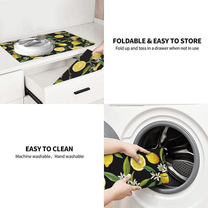 Lemon Fruits Floral Dish Drying Mat for Kitchen Counter 18 x 24 inch Fresh Lemon Black Dish Drainer Rack Mats with Hanging Loop Vintage Lemons Dishes Drainer Pads Tropical Blossom Drying Pad
