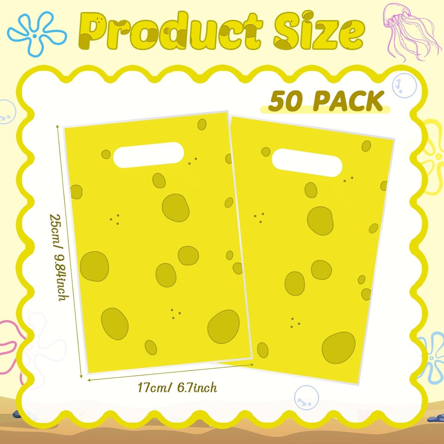 50 PCS Cartoon Yellow Sponge Gift Bags With Handles Plastic Party Favors Goodie Candy Bags for Gift Wrapping Happy Birthday Animated Party Decoration Supplies