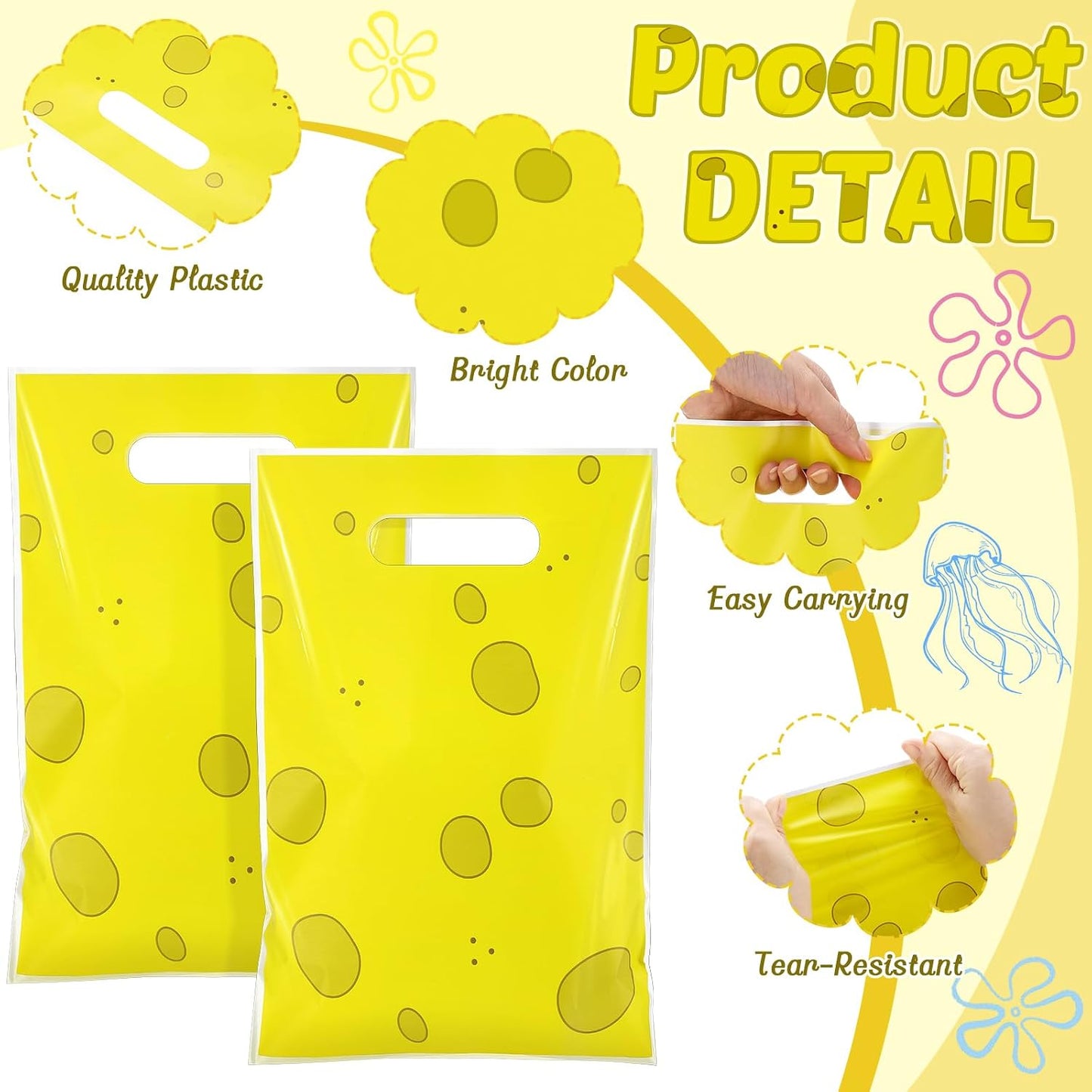 50 PCS Cartoon Yellow Sponge Gift Bags With Handles Plastic Party Favors Goodie Candy Bags for Gift Wrapping Happy Birthday Animated Party Decoration Supplies
