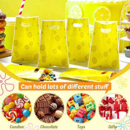 50 PCS Cartoon Yellow Sponge Gift Bags With Handles Plastic Party Favors Goodie Candy Bags for Gift Wrapping Happy Birthday Animated Party Decoration Supplies