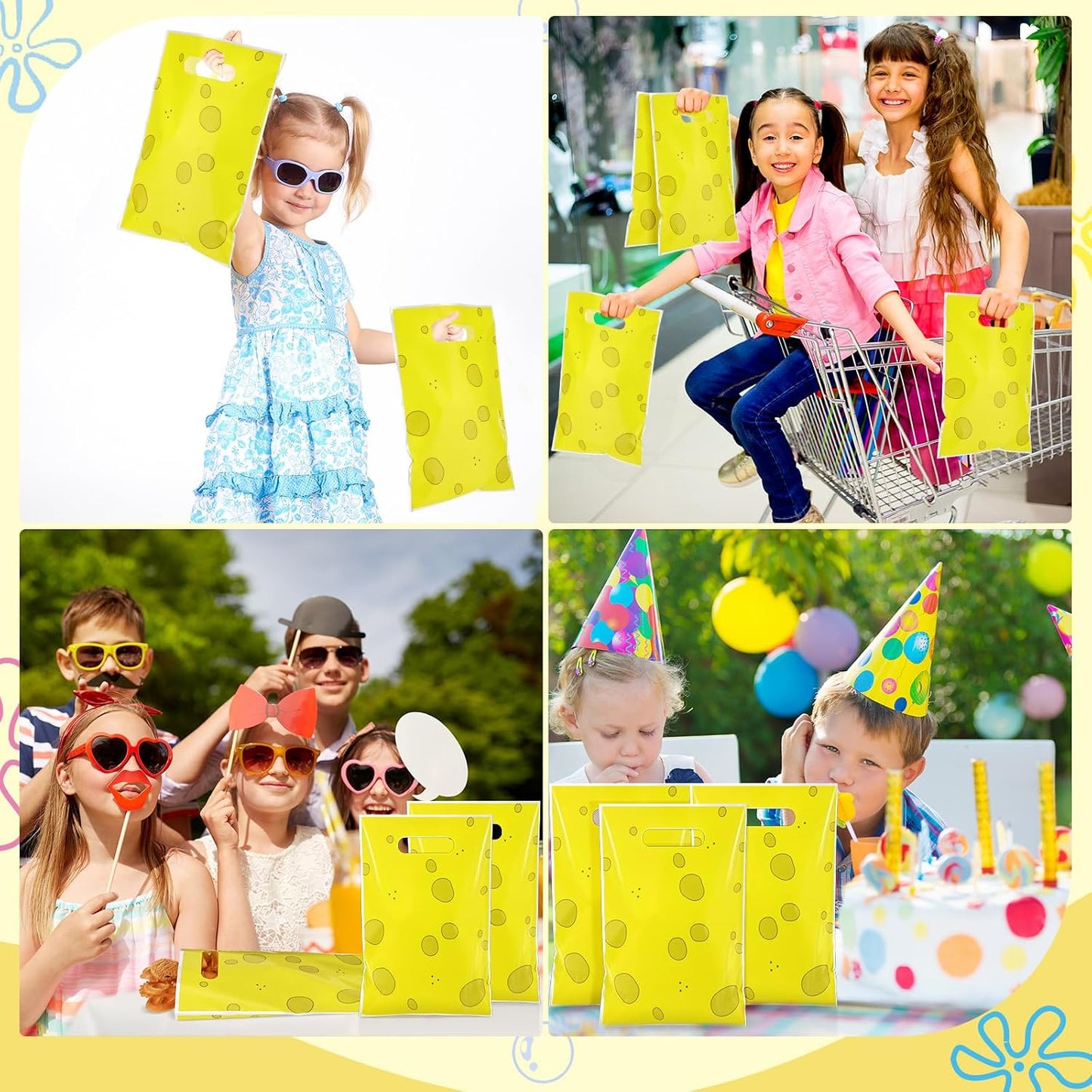 50 PCS Cartoon Yellow Sponge Gift Bags With Handles Plastic Party Favors Goodie Candy Bags for Gift Wrapping Happy Birthday Animated Party Decoration Supplies