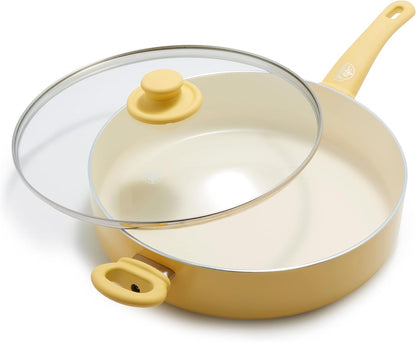 Soft Grip Healthy Ceramic Nonstick, 5QT Saute Pan Jumbo Cooker with Helper Handle and Lid, PFAS-Free, Dishwasher Safe, Yellow