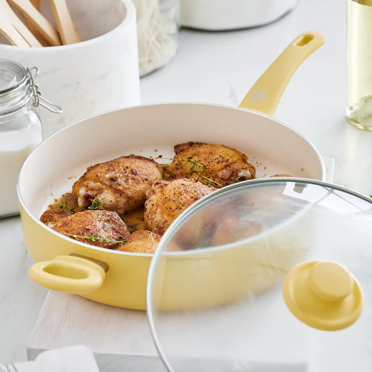Soft Grip Healthy Ceramic Nonstick, 5QT Saute Pan Jumbo Cooker with Helper Handle and Lid, PFAS-Free, Dishwasher Safe, Yellow