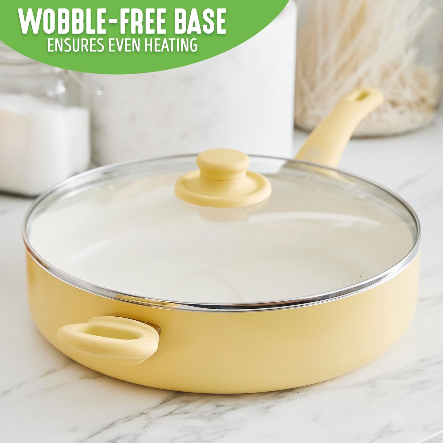 Soft Grip Healthy Ceramic Nonstick, 5QT Saute Pan Jumbo Cooker with Helper Handle and Lid, PFAS-Free, Dishwasher Safe, Yellow
