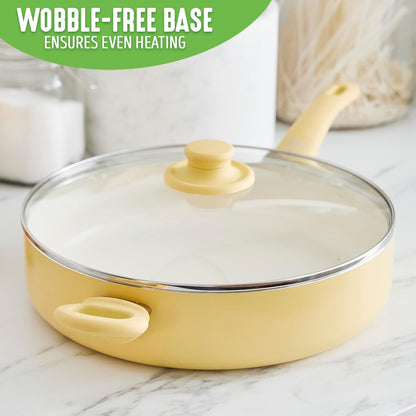 Soft Grip Healthy Ceramic Nonstick, 5QT Saute Pan Jumbo Cooker with Helper Handle and Lid, PFAS-Free, Dishwasher Safe, Yellow