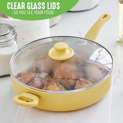 Soft Grip Healthy Ceramic Nonstick, 5QT Saute Pan Jumbo Cooker with Helper Handle and Lid, PFAS-Free, Dishwasher Safe, Yellow