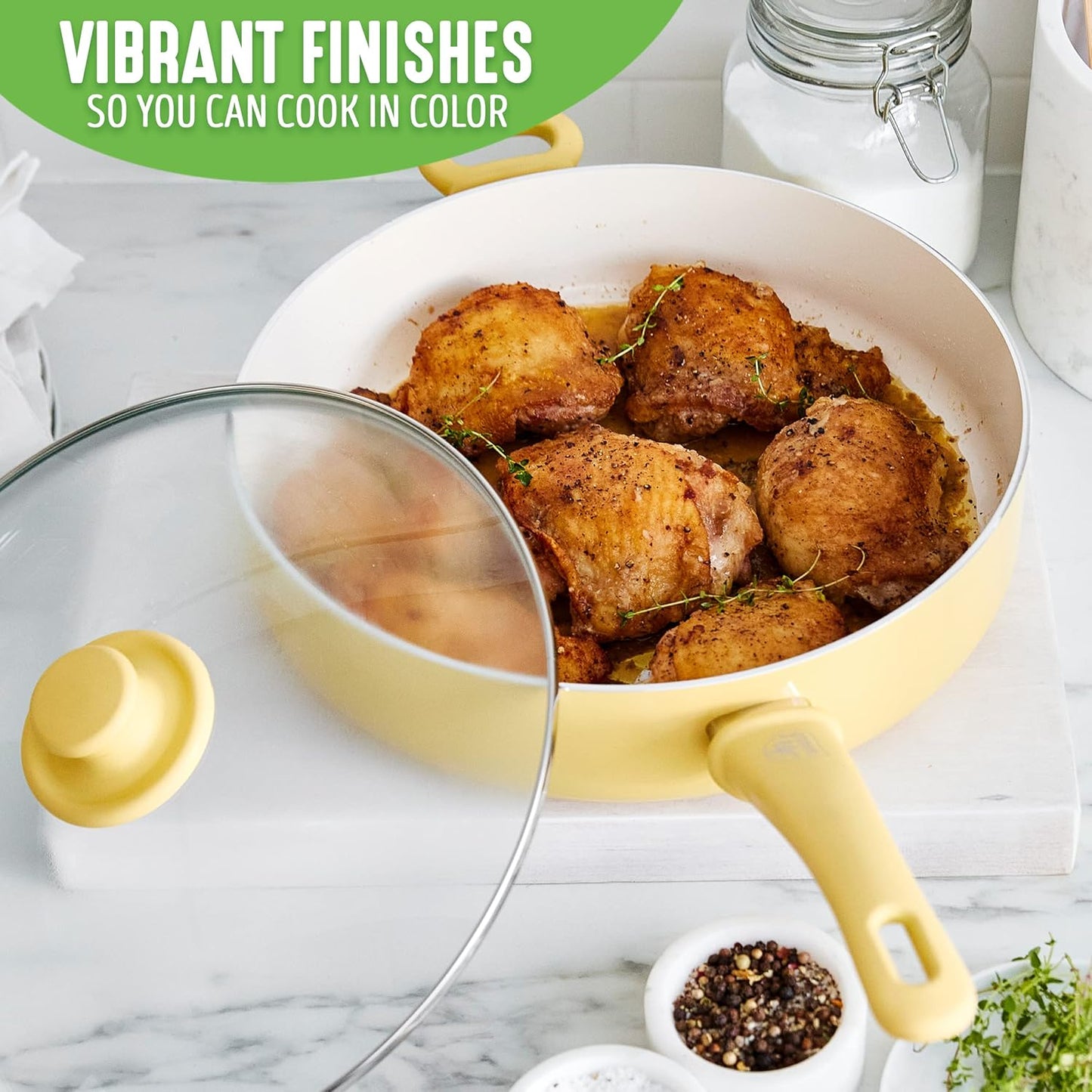 Soft Grip Healthy Ceramic Nonstick, 5QT Saute Pan Jumbo Cooker with Helper Handle and Lid, PFAS-Free, Dishwasher Safe, Yellow