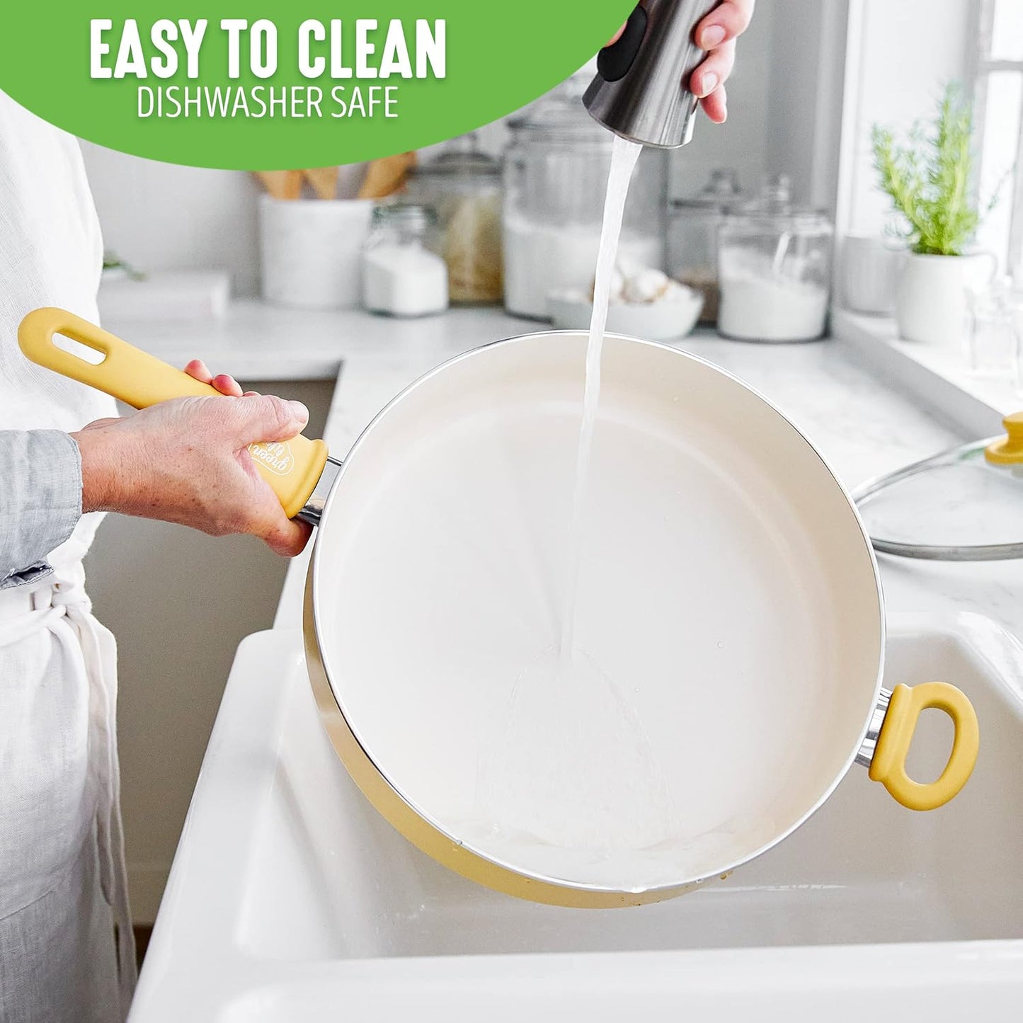 Soft Grip Healthy Ceramic Nonstick, 5QT Saute Pan Jumbo Cooker with Helper Handle and Lid, PFAS-Free, Dishwasher Safe, Yellow