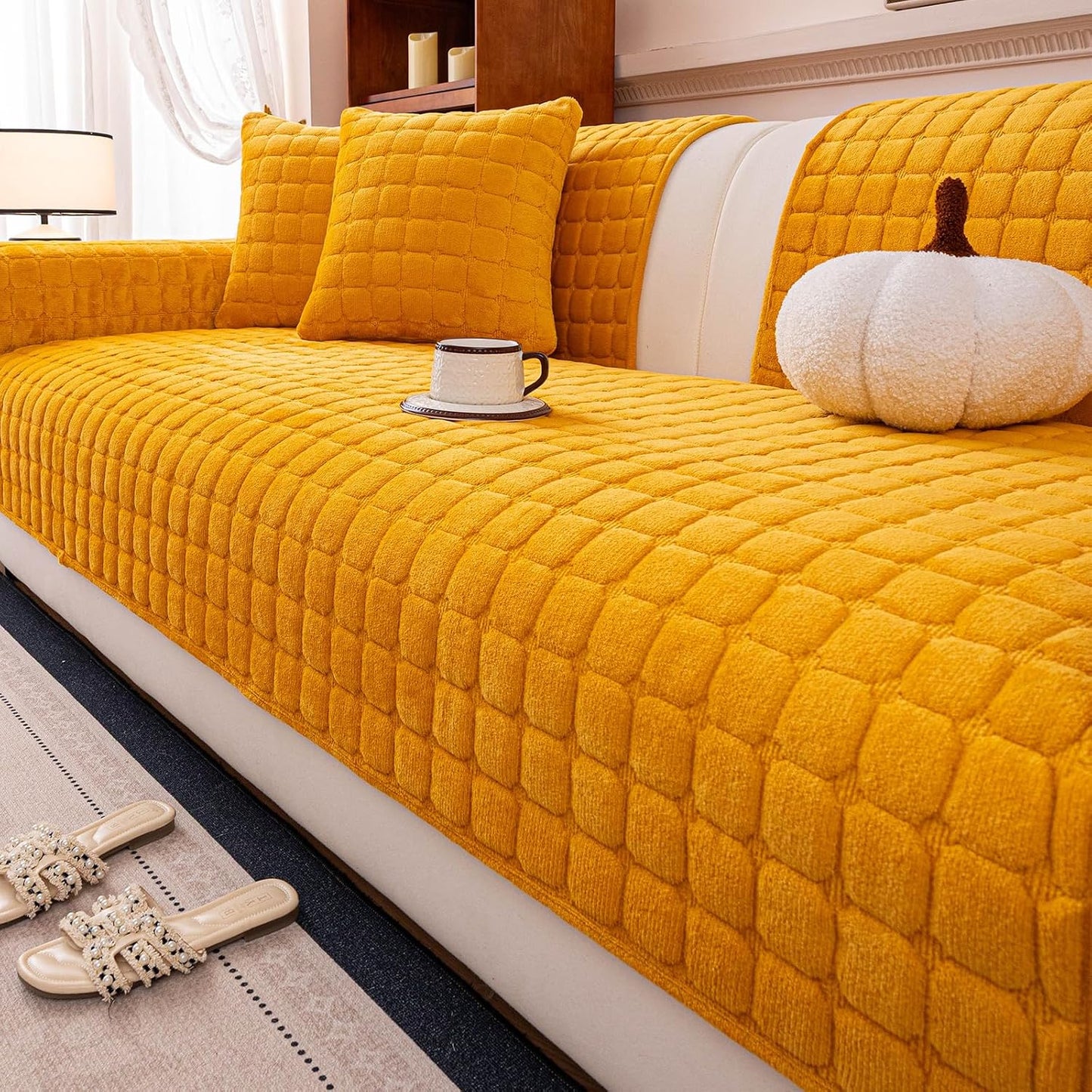 Velvet Couch Cover, Plush Sectional Sofa Cover Washable, Anti Slip Sofa Slipcover for 2-3 Cushion Sofas, Furniture Protector Covers for Pets & Kids(1PC,Mustard Yellow,36"×71")