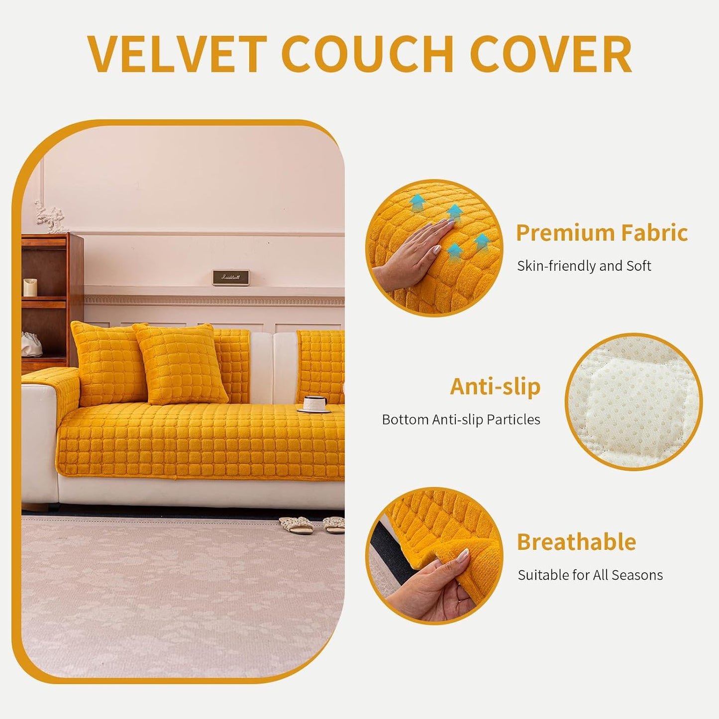 Velvet Couch Cover, Plush Sectional Sofa Cover Washable, Anti Slip Sofa Slipcover for 2-3 Cushion Sofas, Furniture Protector Covers for Pets & Kids(1PC,Mustard Yellow,36"×71")