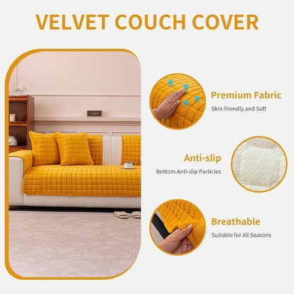 Velvet Couch Cover, Plush Sectional Sofa Cover Washable, Anti Slip Sofa Slipcover for 2-3 Cushion Sofas, Furniture Protector Covers for Pets & Kids(1PC,Mustard Yellow,36"×71")
