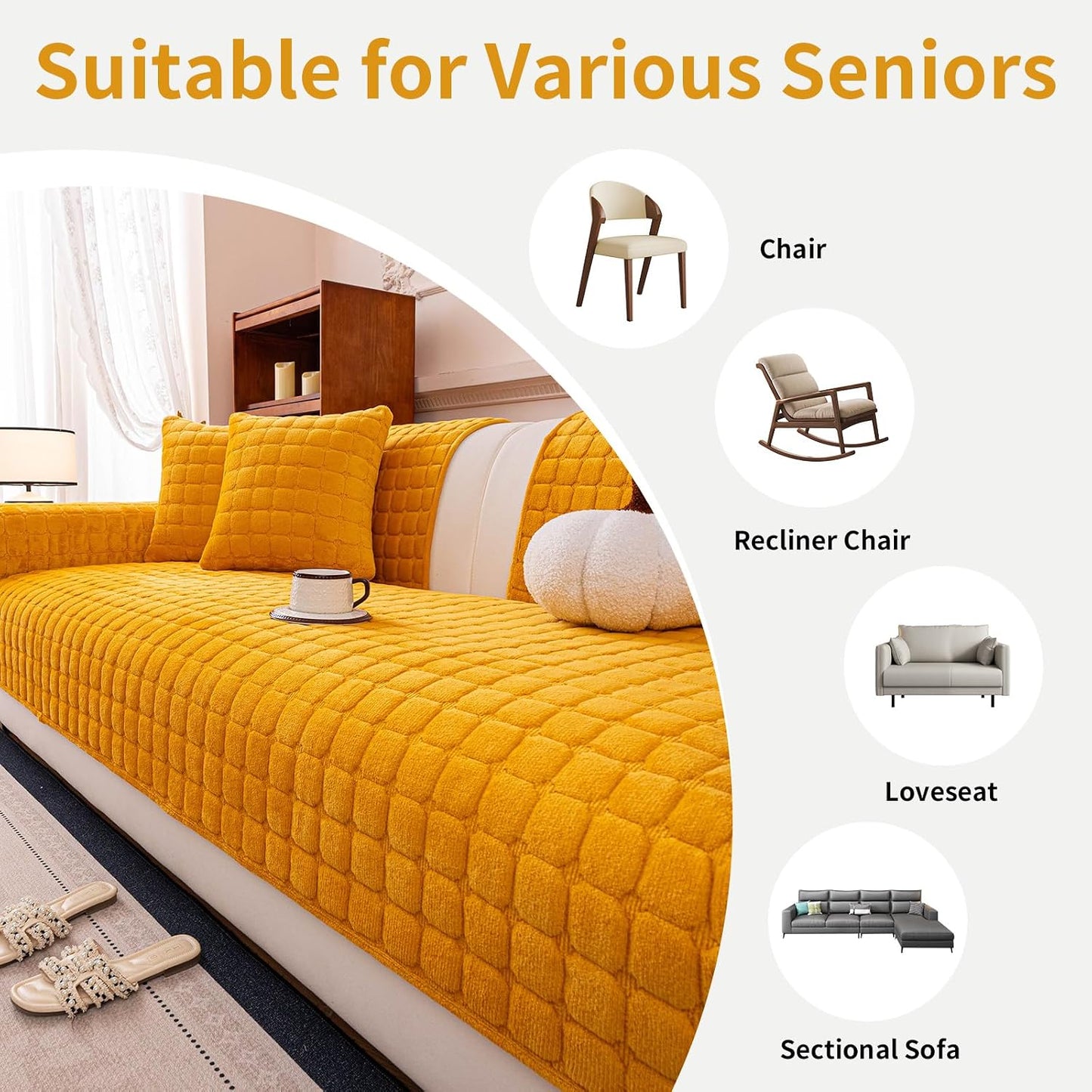 Velvet Couch Cover, Plush Sectional Sofa Cover Washable, Anti Slip Sofa Slipcover for 2-3 Cushion Sofas, Furniture Protector Covers for Pets & Kids(1PC,Mustard Yellow,36"×71")