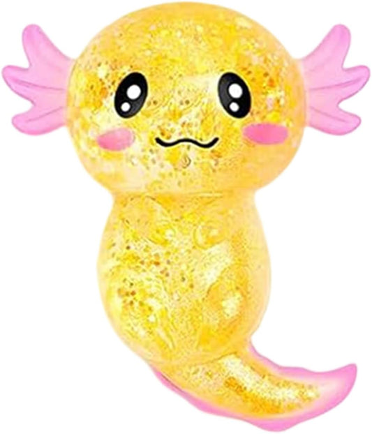 Glitter Axolotls Squishies Toy, Stretchy Axolotls Stress Ball, Soft Squeeze Sensory Fidget Toys for Kids Adults, Cute Easter Basket Stuffers Party Favors Classroom Prizes (Yellow)