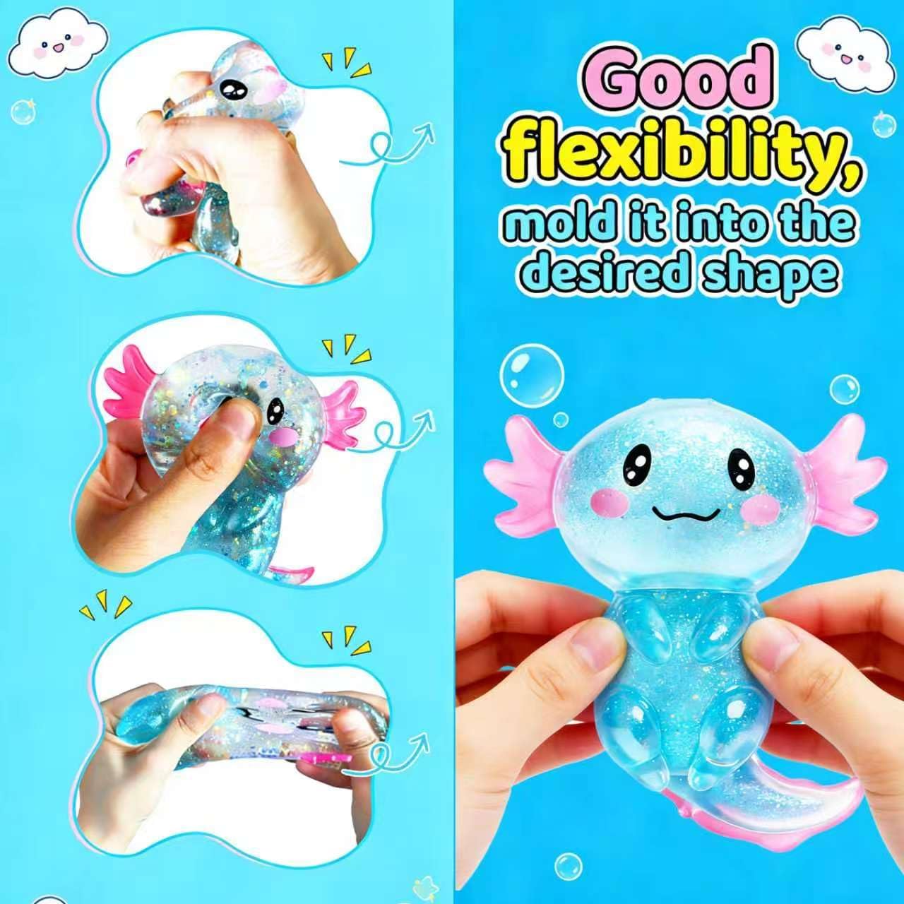 Glitter Axolotls Squishies Toy, Stretchy Axolotls Stress Ball, Soft Squeeze Sensory Fidget Toys for Kids Adults, Cute Easter Basket Stuffers Party Favors Classroom Prizes (Yellow)