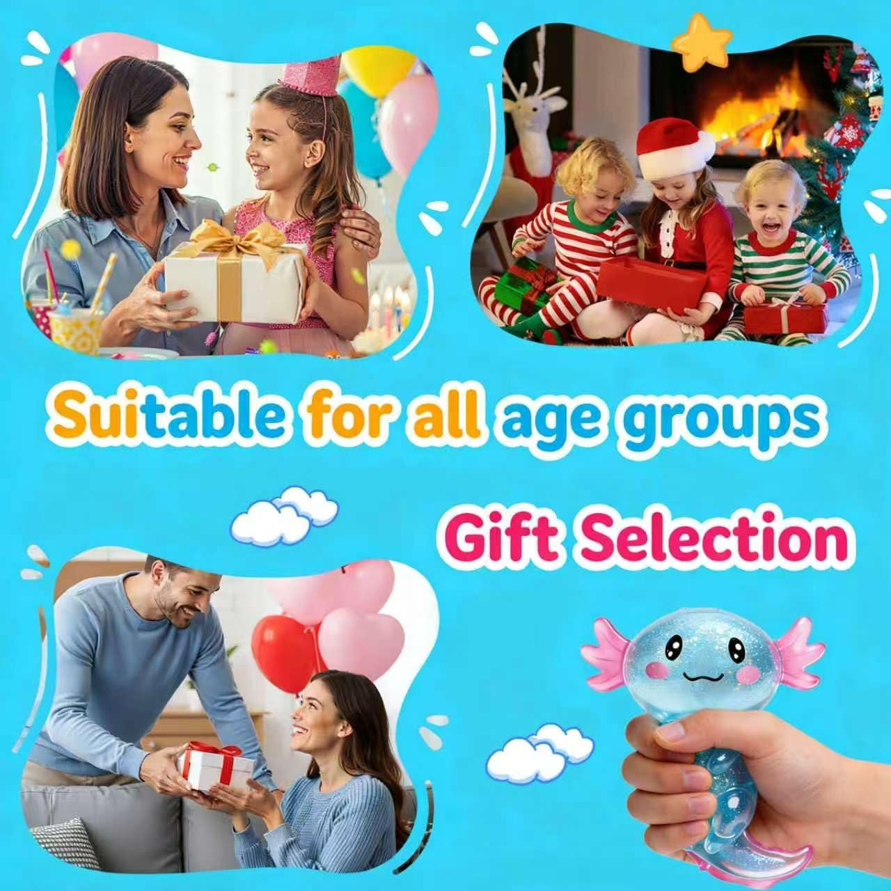 Glitter Axolotls Squishies Toy, Stretchy Axolotls Stress Ball, Soft Squeeze Sensory Fidget Toys for Kids Adults, Cute Easter Basket Stuffers Party Favors Classroom Prizes (Yellow)