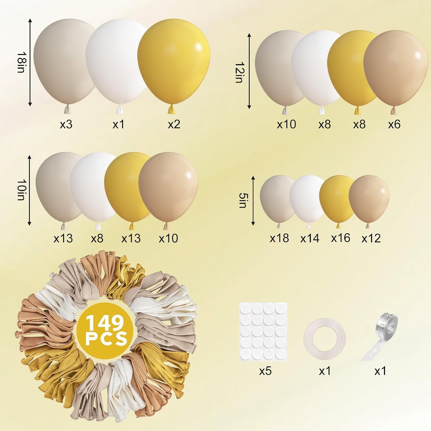 149Pcs Mustard Yellow Balloon Arch Garland Kit 18 12 10 5 Inch | Different Size 6Pcs 18" Yellow Sand White Latex Balloon for Sunflower Bee Gender Reveal Birthday baby Shower Party Decoration