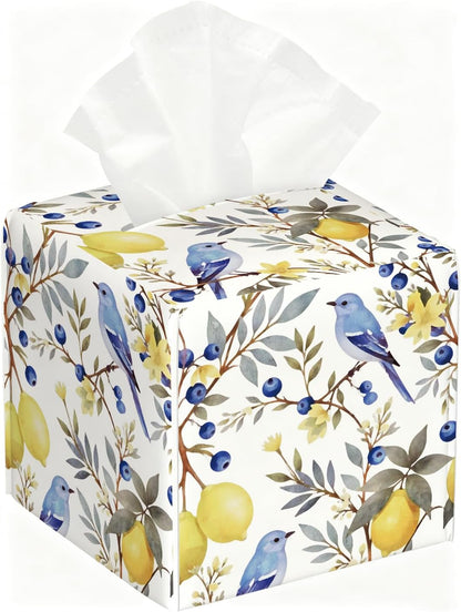 Watercolor Bird & Fruit Tissue Box Cover, PU Leather Holder with Blue Bird/Lemon Pattern for Living Room/Bathroom/Bedroom/Kitchen, Gift for Housewarming & Nature-Loving Homeowners