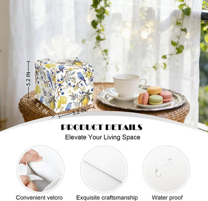 Watercolor Bird & Fruit Tissue Box Cover, PU Leather Holder with Blue Bird/Lemon Pattern for Living Room/Bathroom/Bedroom/Kitchen, Gift for Housewarming & Nature-Loving Homeowners