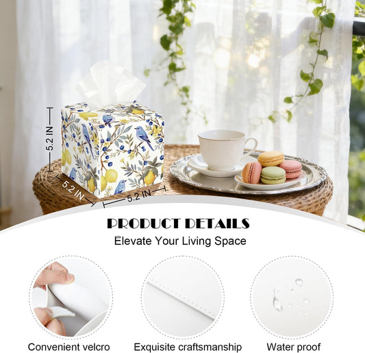 Watercolor Bird & Fruit Tissue Box Cover, PU Leather Holder with Blue Bird/Lemon Pattern for Living Room/Bathroom/Bedroom/Kitchen, Gift for Housewarming & Nature-Loving Homeowners