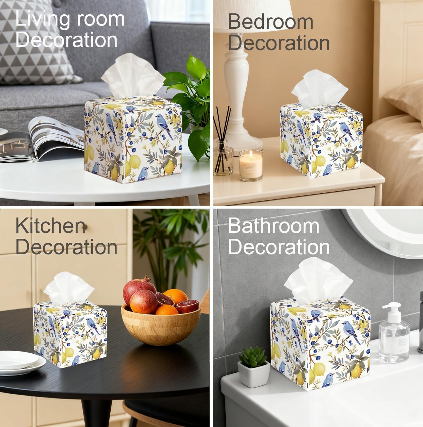 Watercolor Bird & Fruit Tissue Box Cover, PU Leather Holder with Blue Bird/Lemon Pattern for Living Room/Bathroom/Bedroom/Kitchen, Gift for Housewarming & Nature-Loving Homeowners