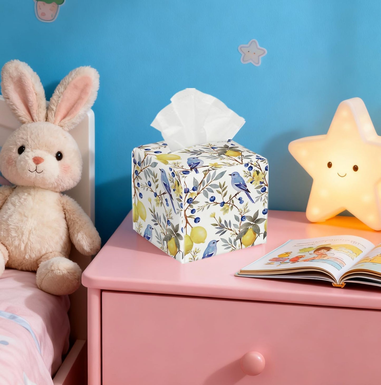 Watercolor Bird & Fruit Tissue Box Cover, PU Leather Holder with Blue Bird/Lemon Pattern for Living Room/Bathroom/Bedroom/Kitchen, Gift for Housewarming & Nature-Loving Homeowners