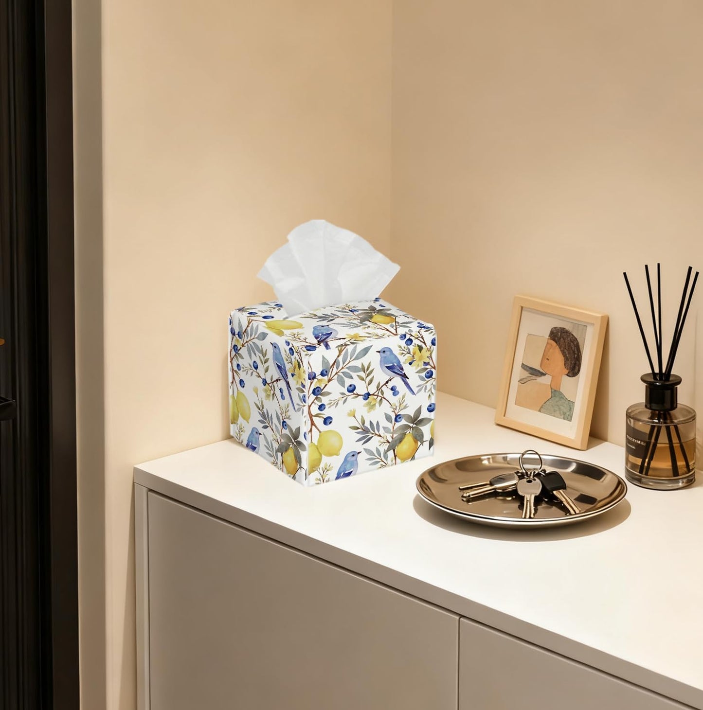 Watercolor Bird & Fruit Tissue Box Cover, PU Leather Holder with Blue Bird/Lemon Pattern for Living Room/Bathroom/Bedroom/Kitchen, Gift for Housewarming & Nature-Loving Homeowners