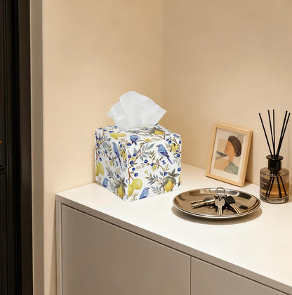 Watercolor Bird & Fruit Tissue Box Cover, PU Leather Holder with Blue Bird/Lemon Pattern for Living Room/Bathroom/Bedroom/Kitchen, Gift for Housewarming & Nature-Loving Homeowners