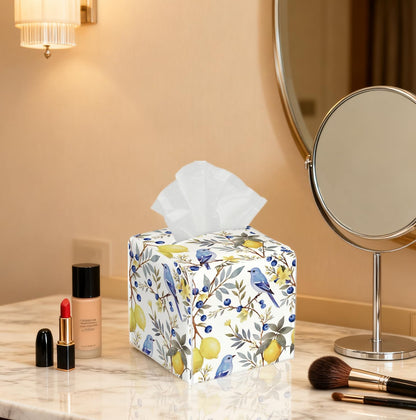 Watercolor Bird & Fruit Tissue Box Cover, PU Leather Holder with Blue Bird/Lemon Pattern for Living Room/Bathroom/Bedroom/Kitchen, Gift for Housewarming & Nature-Loving Homeowners