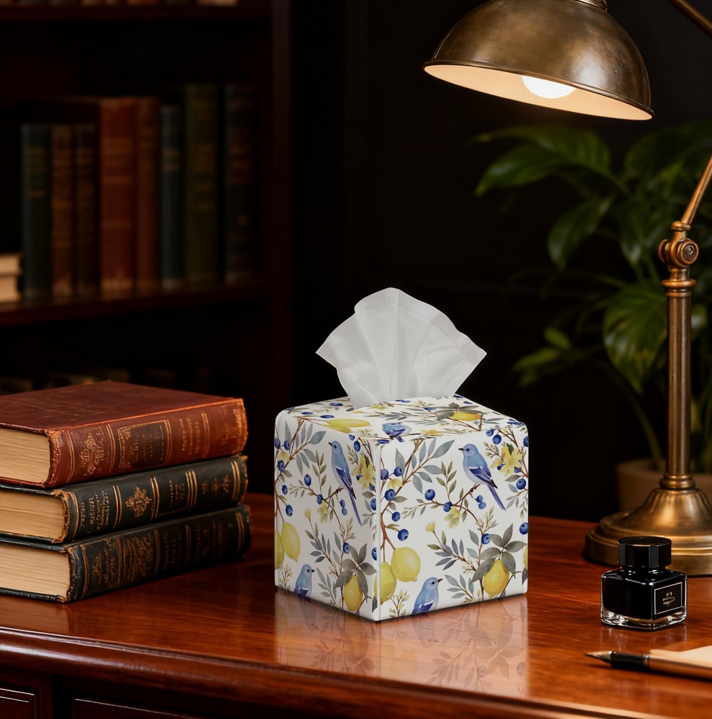 Watercolor Bird & Fruit Tissue Box Cover, PU Leather Holder with Blue Bird/Lemon Pattern for Living Room/Bathroom/Bedroom/Kitchen, Gift for Housewarming & Nature-Loving Homeowners